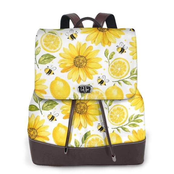 Lemon Bee Sunflower Women's Leather Backpack All-Over Print Bag for Work and Travel