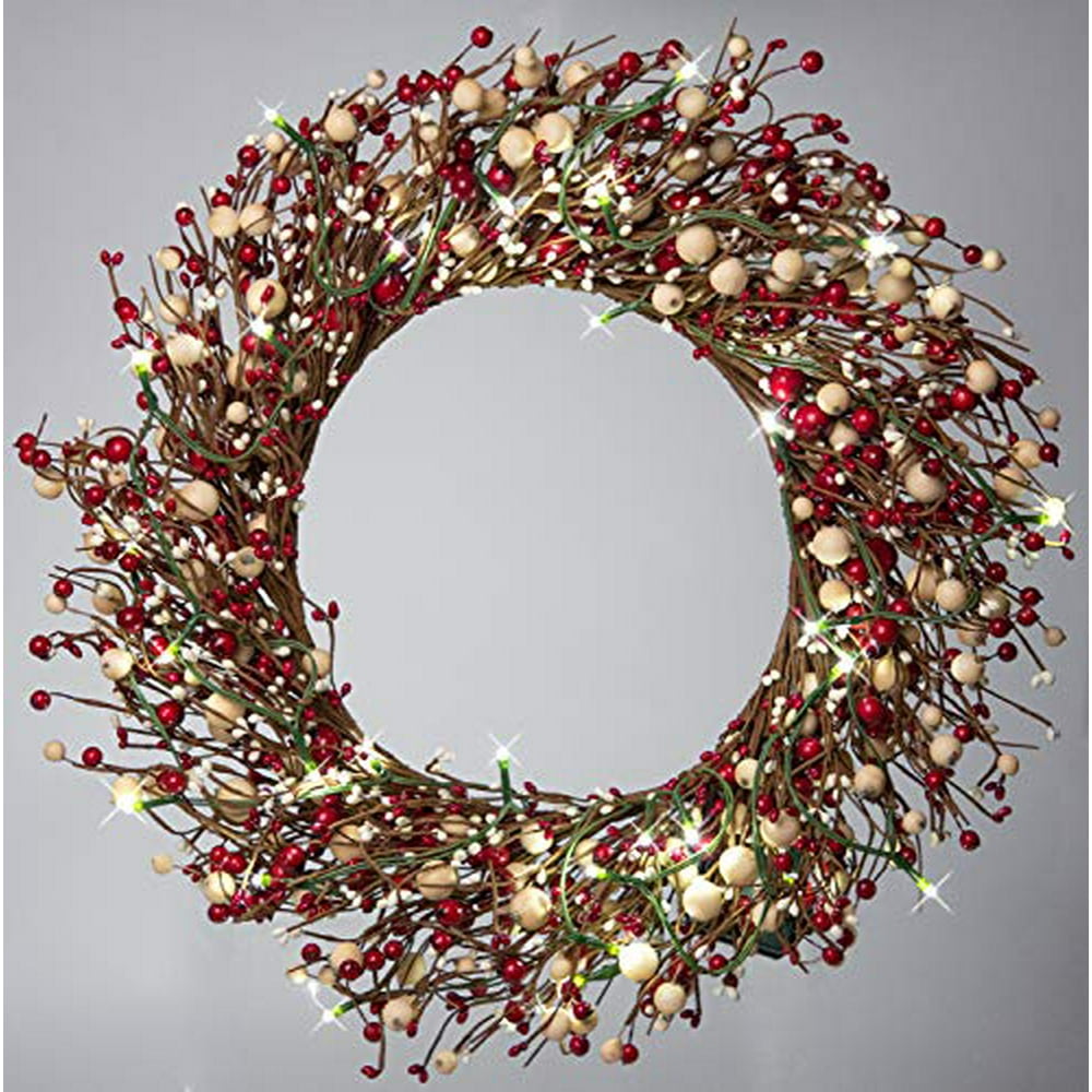 22 Inch LightUp Christmas Wreath with Red Pip Berries, Battery