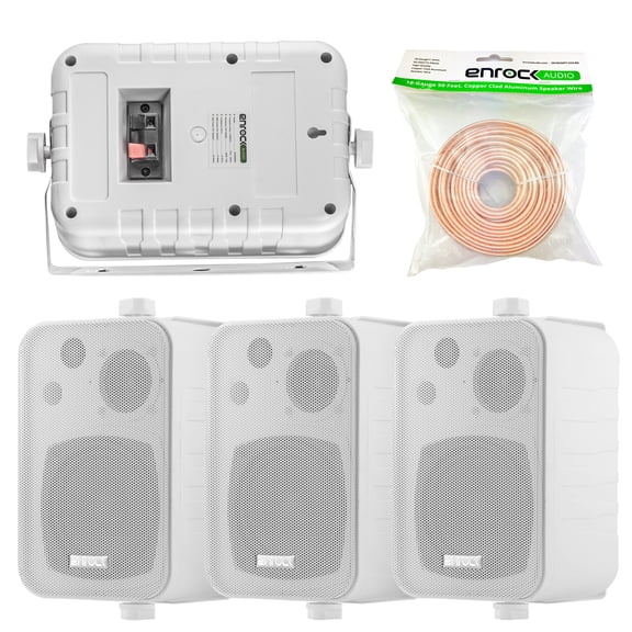 4x Speakers Bundle Package: 2 Pairs of Enrock Audio EKMR408W 4-Inch 200 Watts White 3-Way Indoor / Outdoor Marine Boat Box-Speaker Combo With 50 Foot 18 Guage Speaker Wire