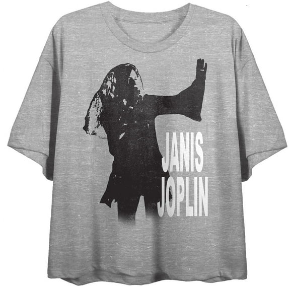 Janis Joplin Black & White Art Crew Neck Short Sleeve Gray Heather Women's Crop Top-Medium