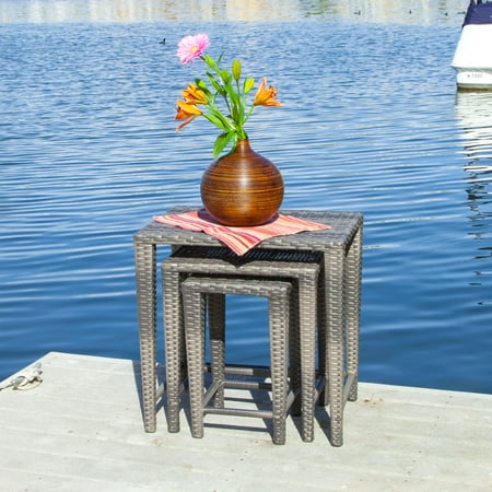 3 Nest Table - Brady Outdoor Wicker Nested Tables, Set of 3, Grey
