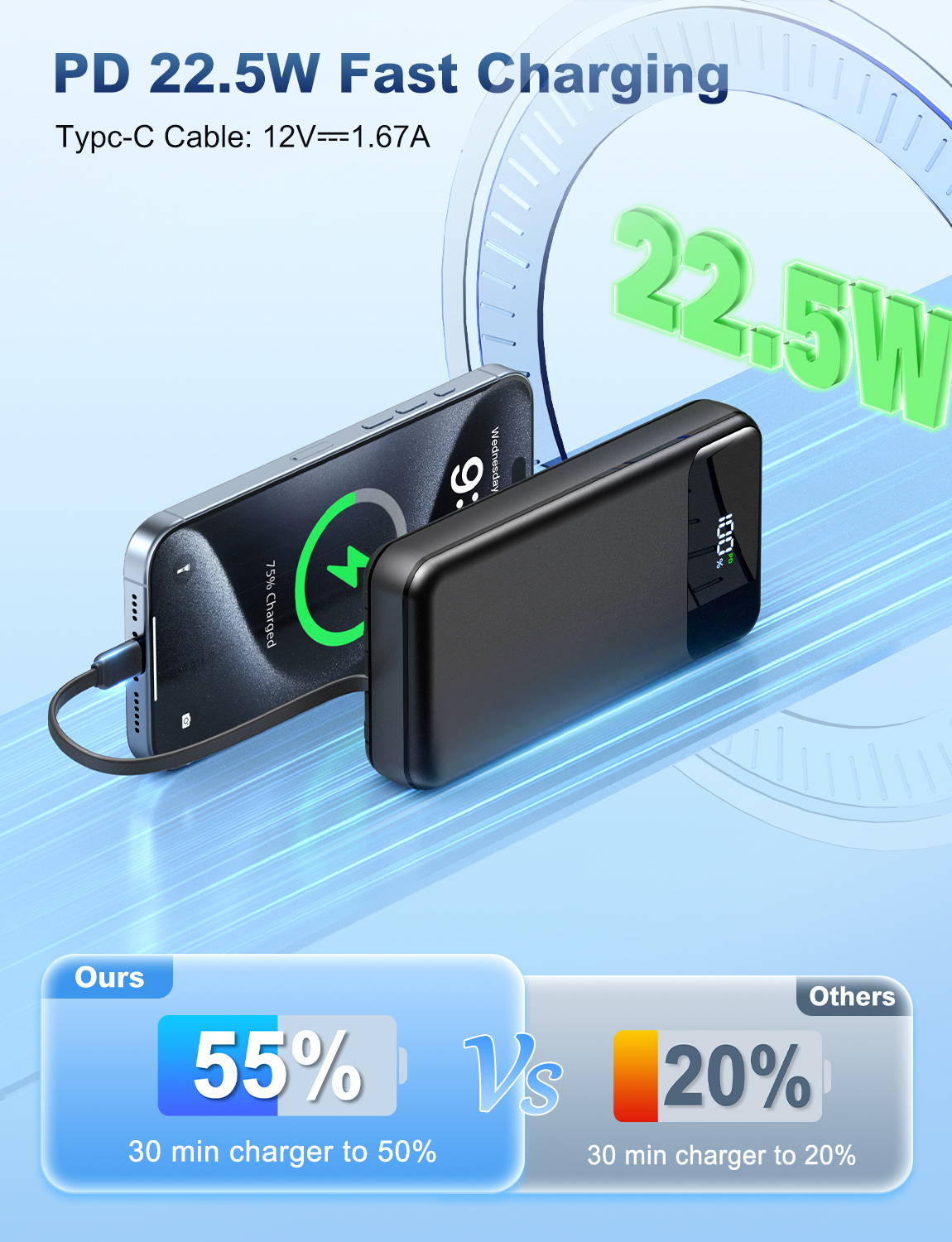 Breezio 50000mAh Portable Charger with Built-In Cables, Black photo 2
