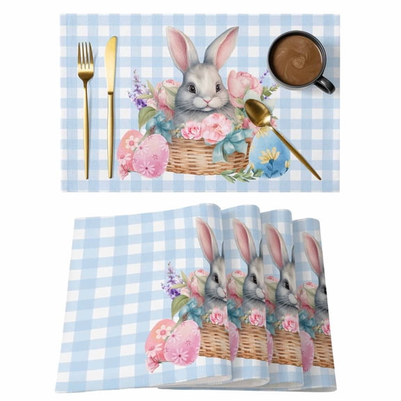 Easter Bunny Placemats Set of 8, Rabbits Eggs Pink Flower in Basket Blue Plaid Non-Slip Place Mats Washable Table Mats for Kitchen Dining Table Decorations Indoor/Outdoor