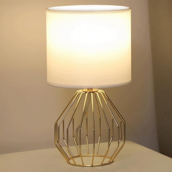 Brass Gold Table Lamp, Small Bedside Nightstand Lamp with White Fabric Shade, Metal Base Modern Geometric Desk Lamp for Bedrooms Living Room Office Kids Room
