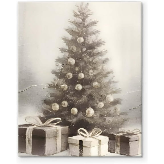 Sunwes Elegant Snowy Christmas Tree with Presents Pictures Print Canvas, Xmas Wall Art for Seasonal Home Decor in Living Room, Bedroom, or Kitchen 20x24inch