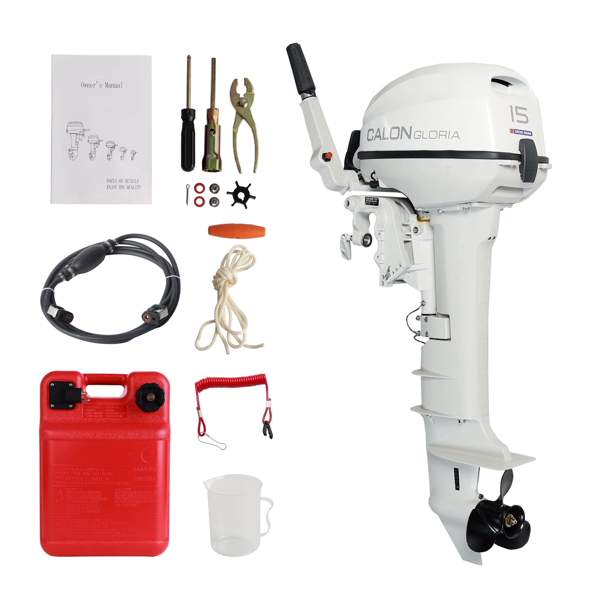2 Stroke 15HP Calon Outboard Motor with Fuel Tank, 246cc Heavy Duty Long Shaft Fishing Boat Engine with Water Cooling System for Inflatable Boat Kayak Canoe Sailboat