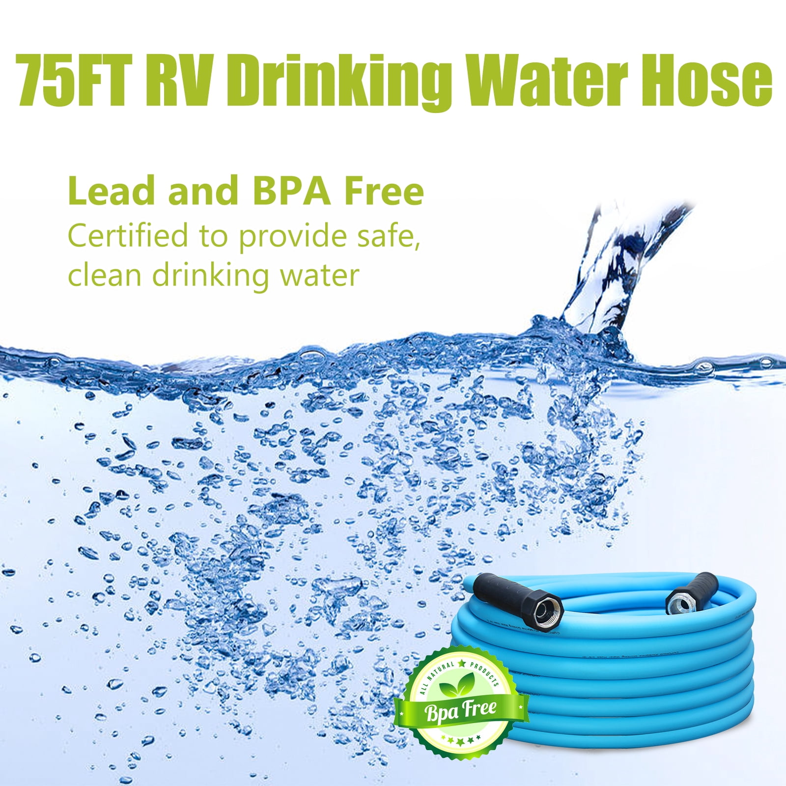 RV Drinking Water Hose 75FT, No Kinking 5/8''ID Premium Fresh Water Hose for RV, Marine, Camper, Truck, Car, Garden