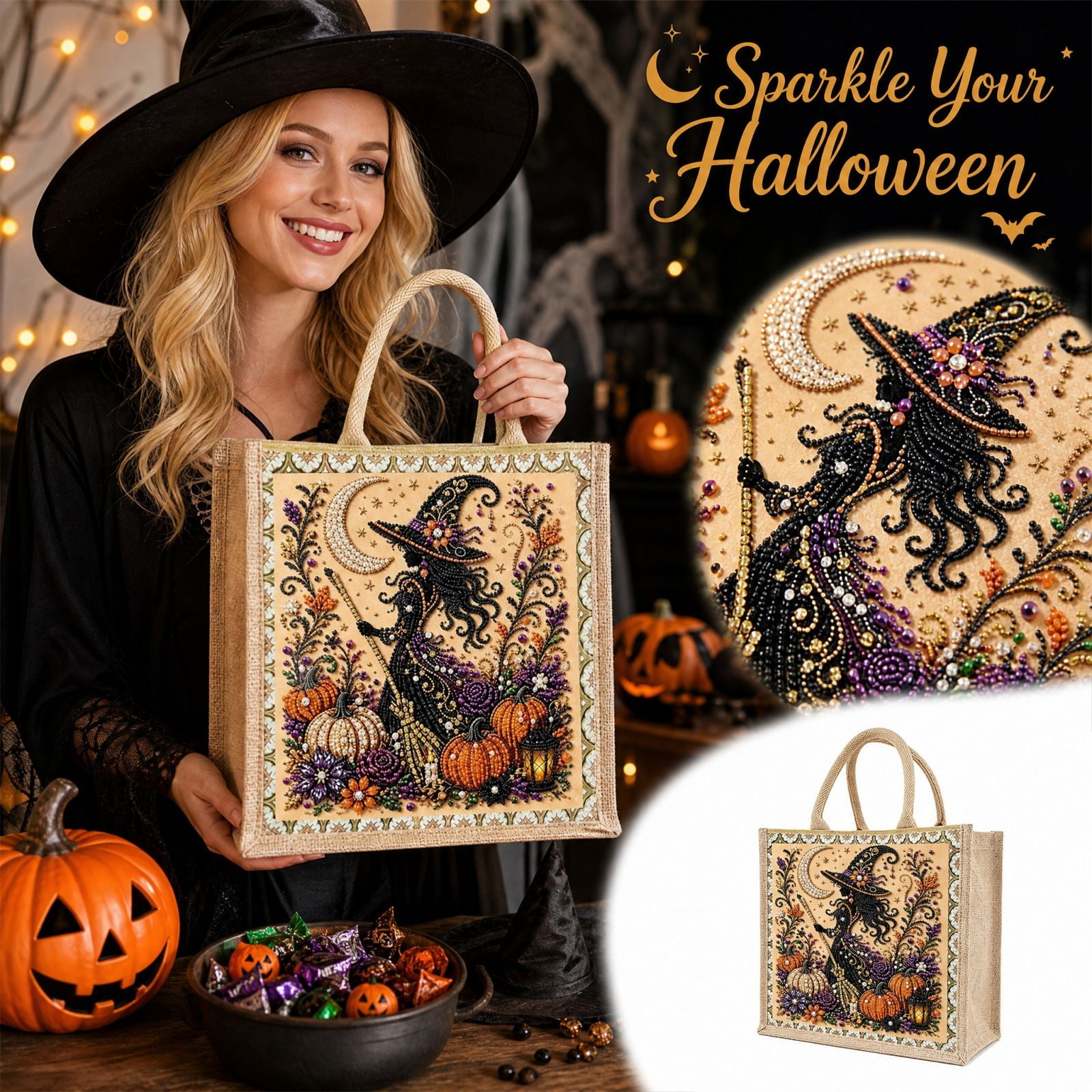 DIY Pearl Diamond Painting Handbag Kit Adult Halloween Rhinestone Art Craft Bag Multifunctional Reusable Shopping And Grocery Carry Bag
