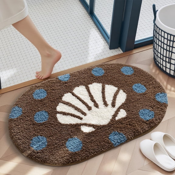 Coastal Seashell Bath Mat Non-Slip Plush Ocean Theme Bathroom Rug with Polka Dots, Soft Absorbent Polyester Floor Mat, Machine Washable 20x31 Inch
