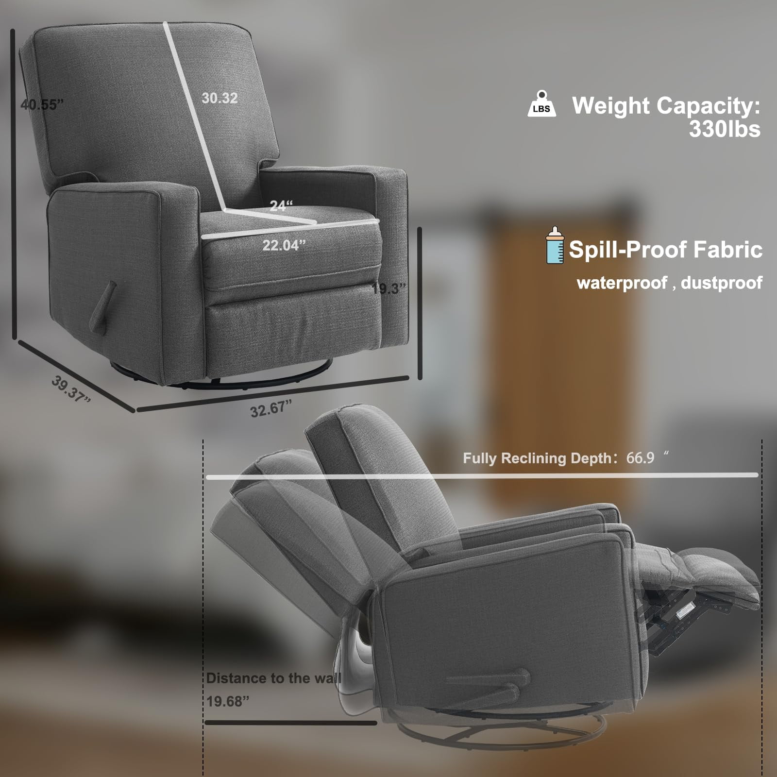 Harkawon Swivel Rocker Recliner Chair, High Back Glider Recliner with Linen Fabric, Ergonomic Rocker Chairs for Small Spaces& Living Room , Dark Grey