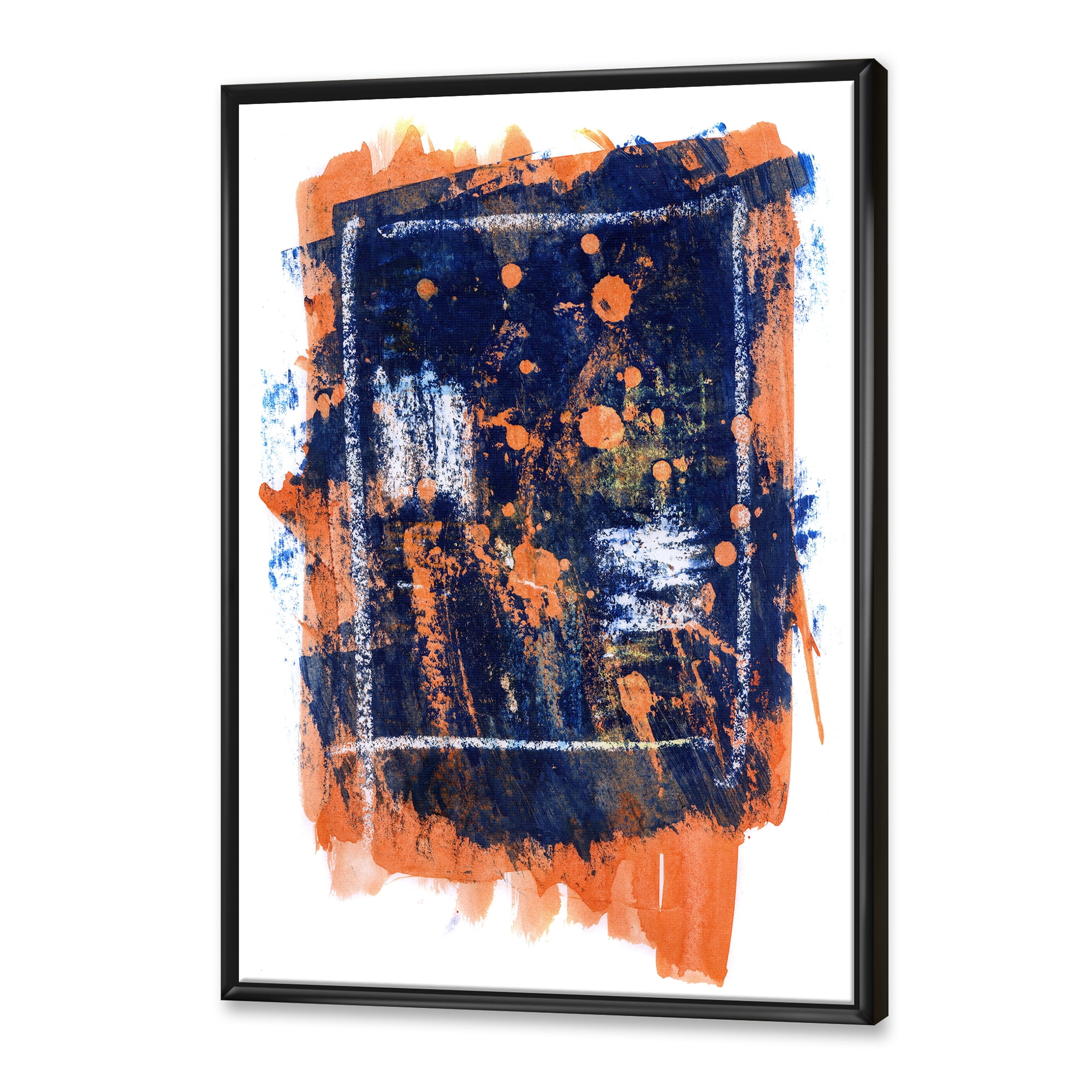 Designart 'Navy Blue and Orange Abstract' Modern Framed Canvas Wall Art Print