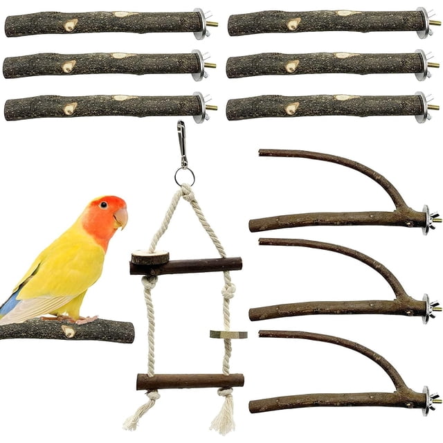 10 perchas de madera natural para pájaros, perchas de madera natural para loros, perchas interactivas para jaulas de pájaros, juguetes para loros, periquitos y cotorras.