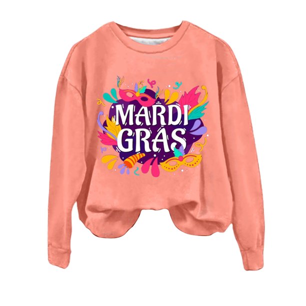 Gibobby Temperamento Pullover Top Sudadera con cuello redondo y estampado de Mardi para mujer, con cuello redondo, camisas de entrenamiento de manga larga a la moda, blusa hol(Anaranjado, M)