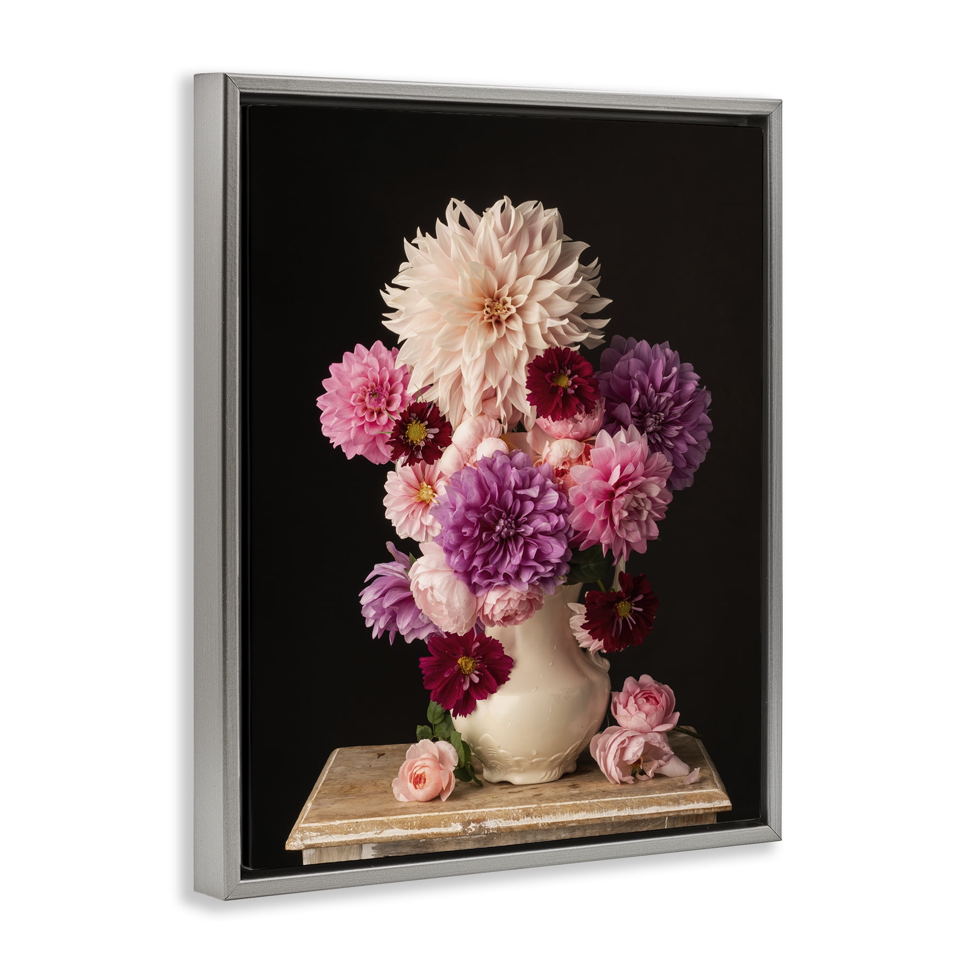Stupell Industries Full Dahlias Bouquet Plants & Flowers Photography Gray Floater Framed Canvas Art Print Wall Art, 17 x 21