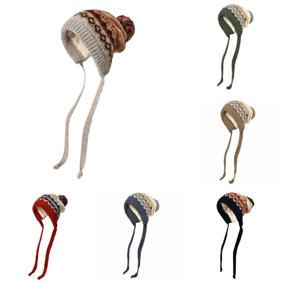 XIAOCHA Women’S Fair‑Isle Earflap Beanie,Pattern‑Knit Fall‑Winter Outdoor Toque,Beige