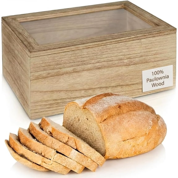 Wooden Bread Box with Acrylic Window – Large Paulownia Wood Storage for Sourdough, Bagels & Pastries, Modern Farmhouse Kitchen Counter Organizer