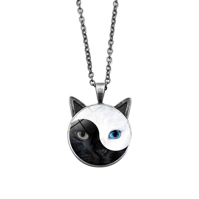 Collar con colgante de gato de cristal con diseño de Tai Chi Yin Yang para mujer