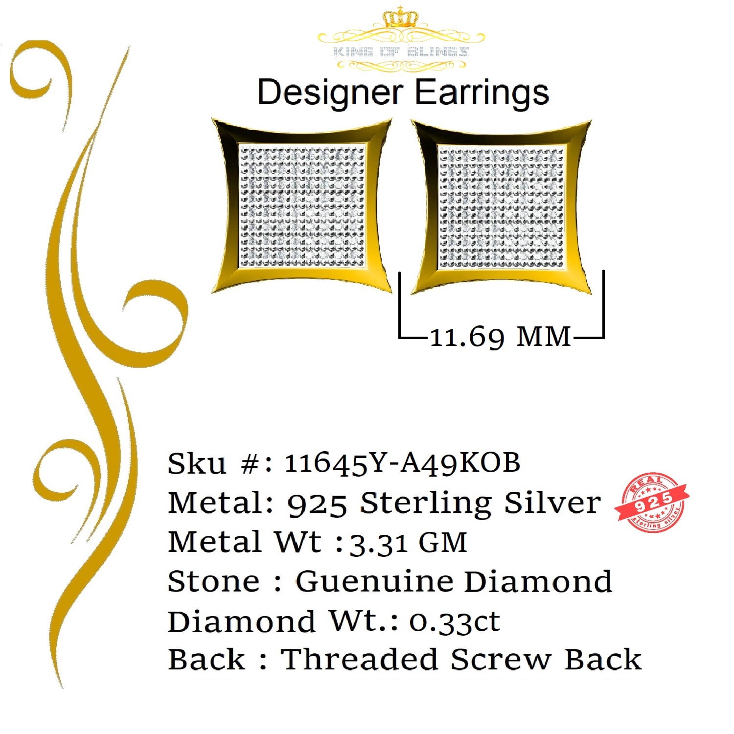 King of Bling's 925 Sterling Silver 0.33ct Diamond Kite Earrings For Women's & Men's Yellow Stud