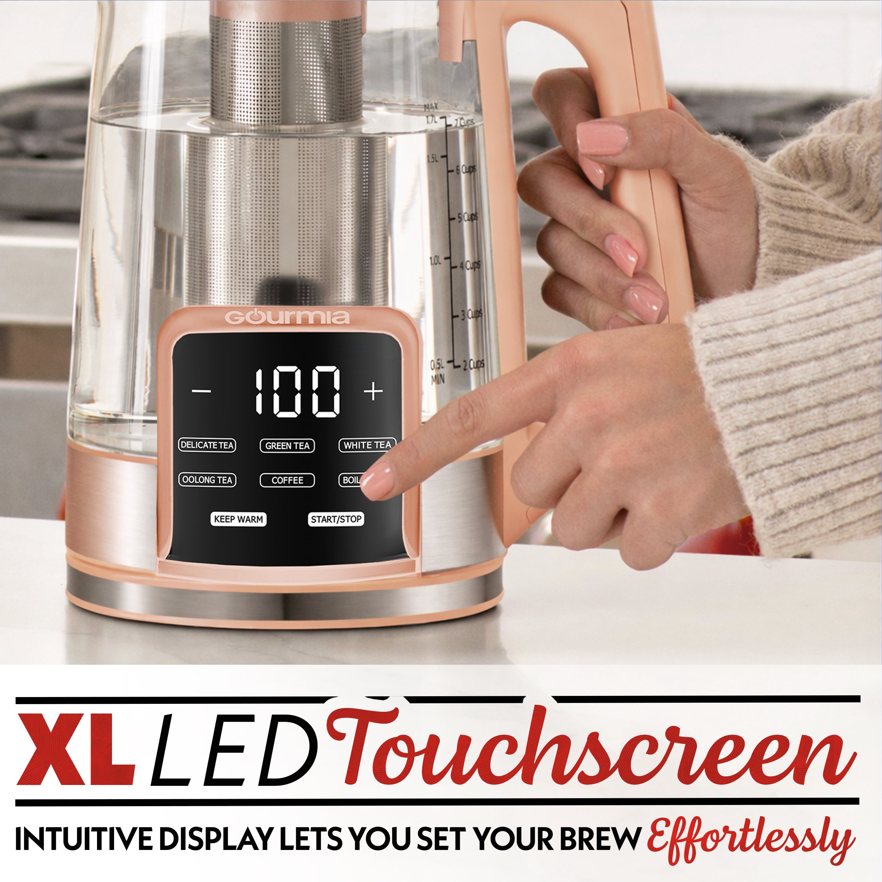 Gourmia Electric Kettle 1.7L with 6 Presets, Digital Display, and Tea Infuser, Peach