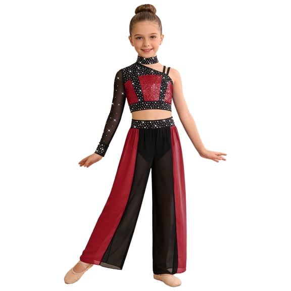 Miutii Girls Sequins Rhinestones Lyrical Dance Colored Block Outfit Jazz Performance Set Top with Pants Burgundy 10