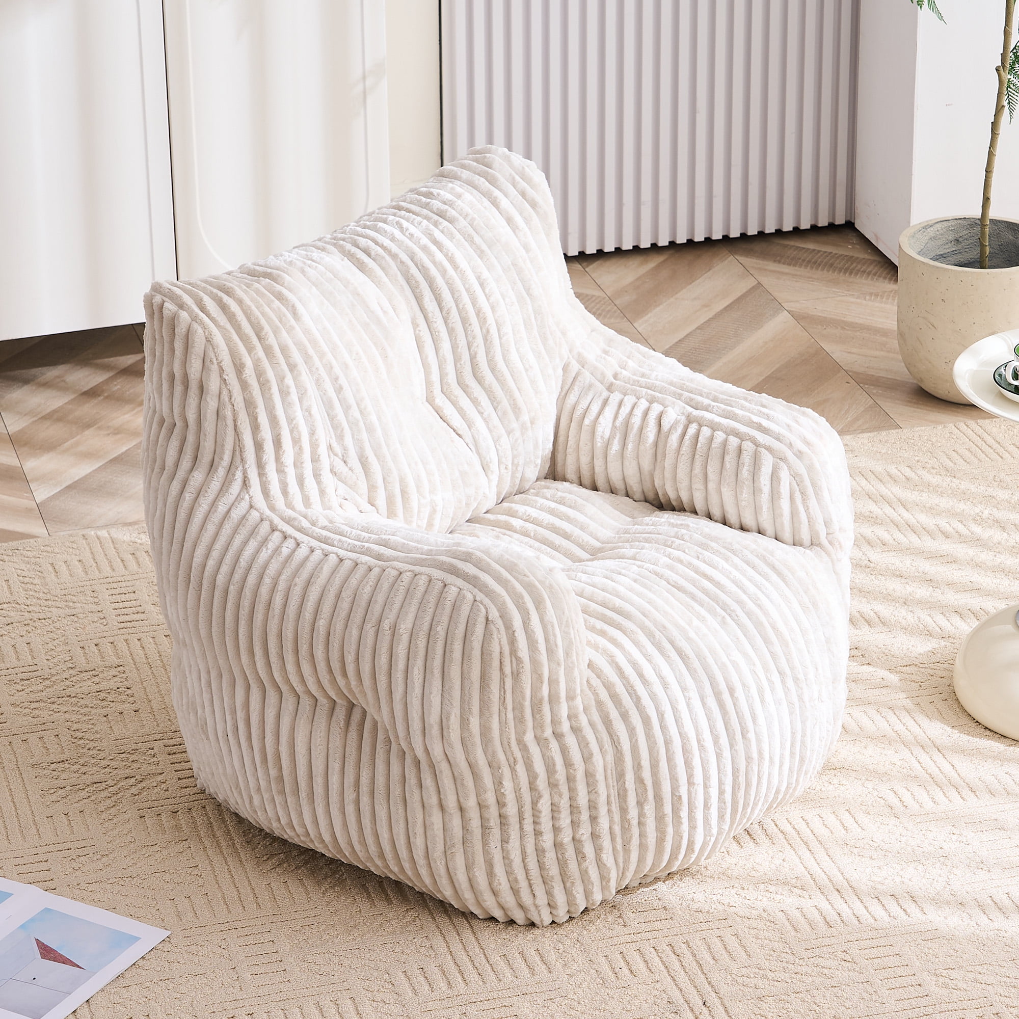 Bean Bag Chair with Filling BeanBag for Adults with Armrest Comfy Corduroy Fabric Lounge Lazy Floor Chair with Memory Foam Filler Fluffy Bean Bag for Dorm Living Room Bedroom Beige