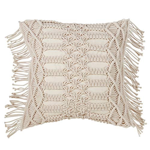 SARO LIFESTYLE Collection Macramé en Duvet de Coton Coussin, 18", Naturel