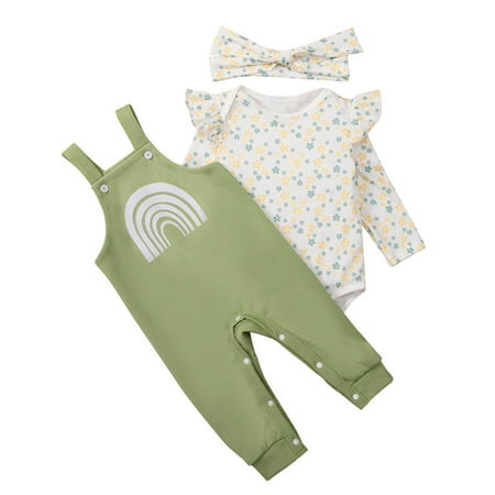 

WUXIAN And Toddlers Girls Rainbow Printed Long Flying Sleeve Romper Casual Suspender Trousers With Headband 3Pieces Child Suit Infants Baby Onesie Breathable Dailywear