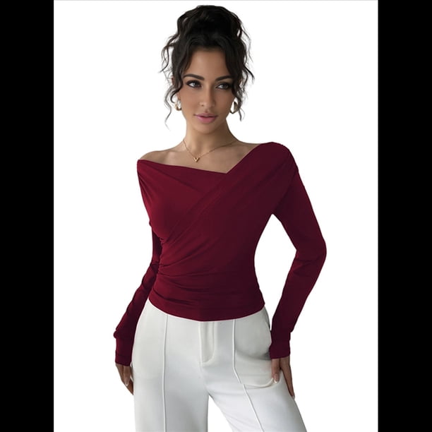 Tops con Hombros Descubiertos para Mujer, Camisas de Discoteca de Larga, Ajustadas y de Moda para y Otoño Vino Tinto M