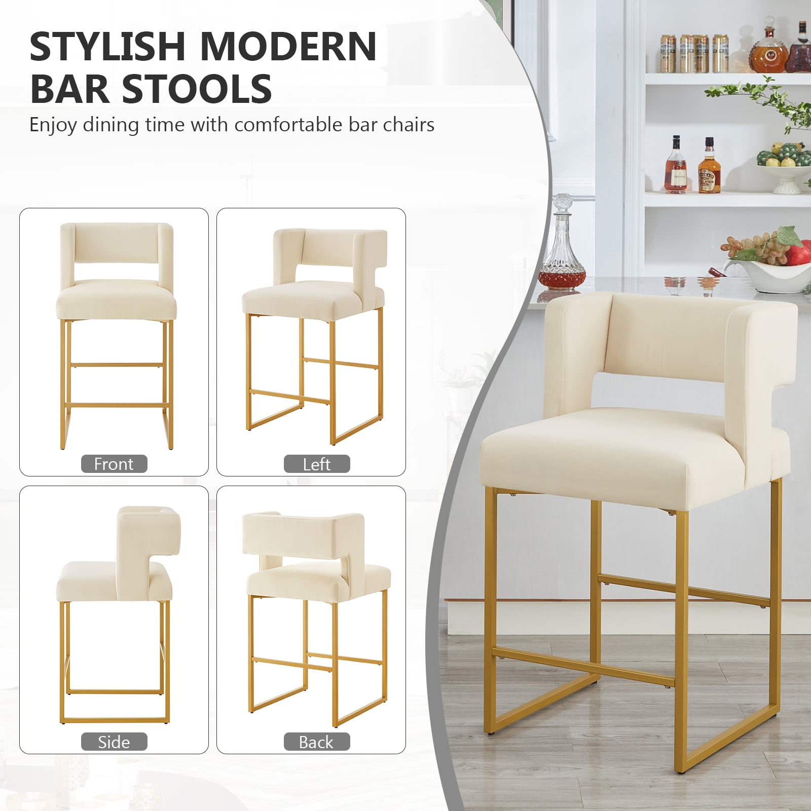 Lecut 26" H Counter Height Bar Stools Set of 2, Modern Velvet Bar Stools with Square Open Backrest and Gold Metal Frame, Kitchen Counter Stools for Island, Home Bar, Pub,Beige+Gold