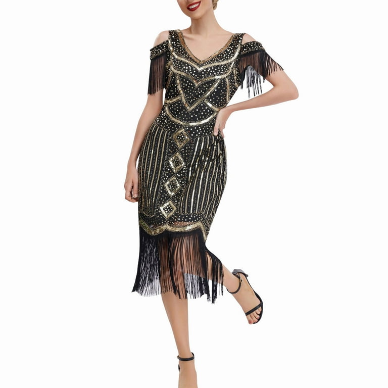 Lovskoo Wedding Guest Dresses for Women Evening Gown 1920 Vintage Sequin Dress Studded Tassel Dress High-End Banquet V-Neck Off Shoulder Small Dress Lovskoo Wedding Guest Dresses for Women Evening Gown 1920 Vintage Sequin Dress Studded Tassel Dress High-End Banquet V-Neck Off Shoulder Small Dress