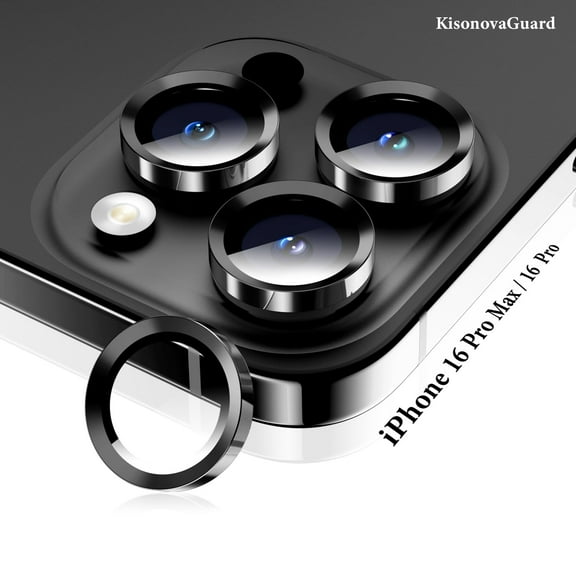 KisonovaGuard Compatible with iPhone 16 Pro Max / iPhone 16 Pro Camera Lens Protector, Individual Anti Scratch Metal Ring Tempered Glass Camera Screen Protector (Black Titanium)