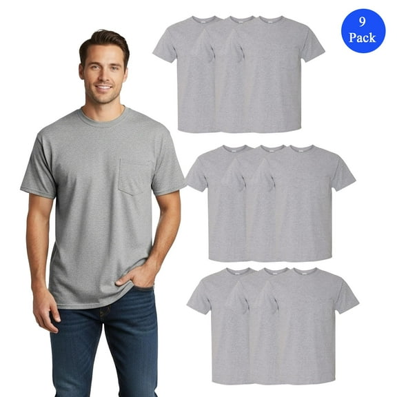 Gildan Pocket T-Shirt, Men's Short-Sleeve Cotton Classic Shirt, Sport Gray Crew Neck Tee, 9 Pack, S