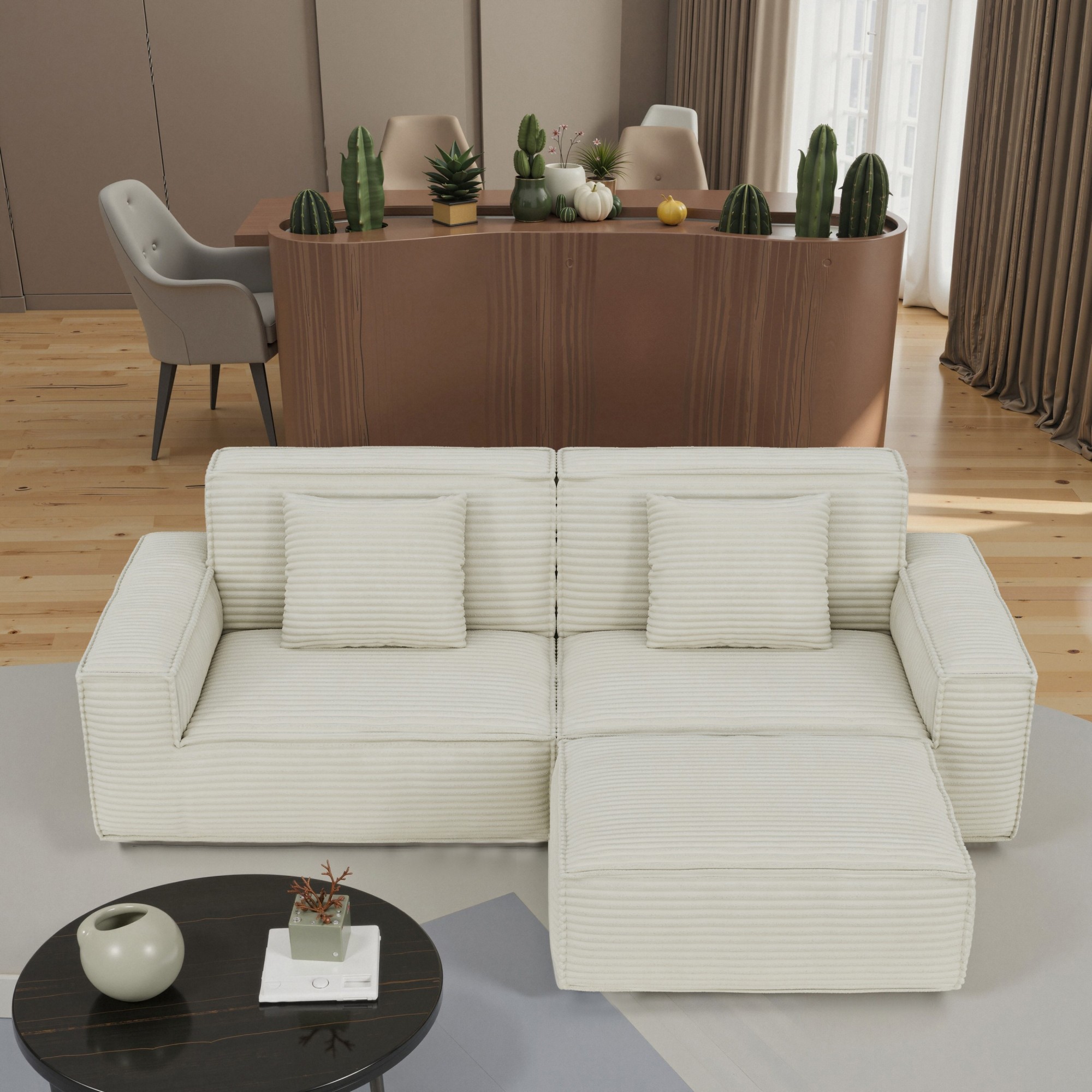 Gewnee Beige 106.3 Inch Compression Sofa - Full Sponge High Rebound,Straight Row with Foot Pedal,for Living Room & Bedroom.Beige