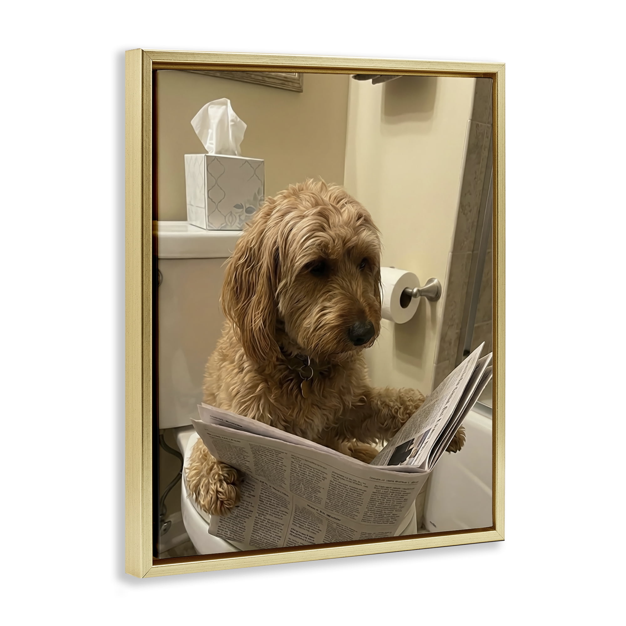 Stupell Industries Dog & Paper on Toilet Gold Framed Floater Canvas Wall Art, design by Abigail Walker