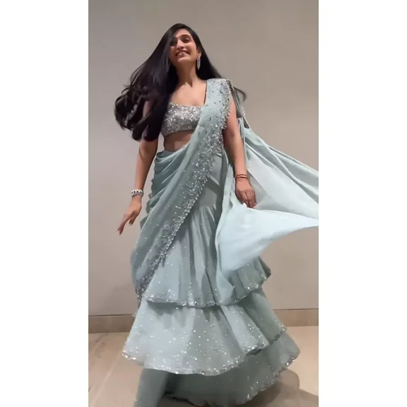 Sethi Trades Women's Ready-to-Wear Georgette Saree with Embroidered Blouse and Ruffle Frill Draping