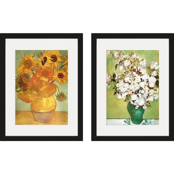 Vincent Van Gogh Vase Tournesols avec Roses Ensemble d'Imprimés Encadrés (Lot de 2)