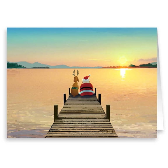 Santa on the Dock Christmas Card - Beach, Lake, Ocean Sunset Holiday Christmas Cards - 18 Boxed Cards