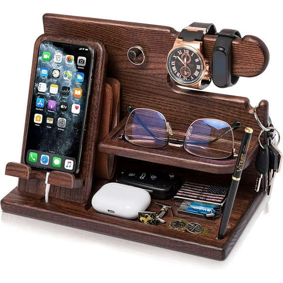 MY Wood Phone Docking Station for Men - Desk or Nightstand Organizer - Birthday Gifts for Husband, Dad - Anniversary Idea from Wife - Key Holder, Stand Wallet, Watch & Essentials (Bourbon Brow