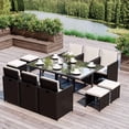 thumbnail image 1 of 11 Piece Patio Dining Set, Rattan Chairs with Tempered Glass Table & Ottoman, Space Saving Wicker Sectional Conversation Set with Removable Cushions, Outdoor Furniture for Backyard Garden Deck, 1 of 6