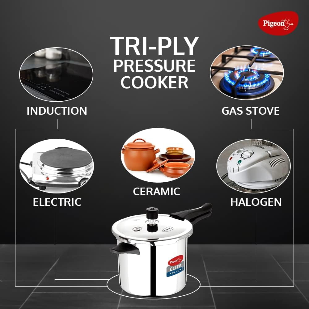 Elite Tri-Ply Stainless Steel Body Outer Lid Pressure Cooker Induction and Gas Stove Compatible 3 L - Silver