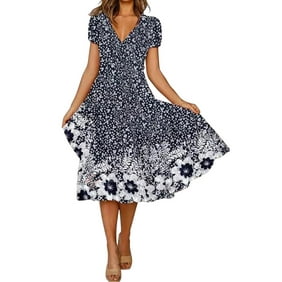 Zdcdcd Women's Fashion A-Type V Neck Short Sleeve Floral Flower Print Loose Casual Dress