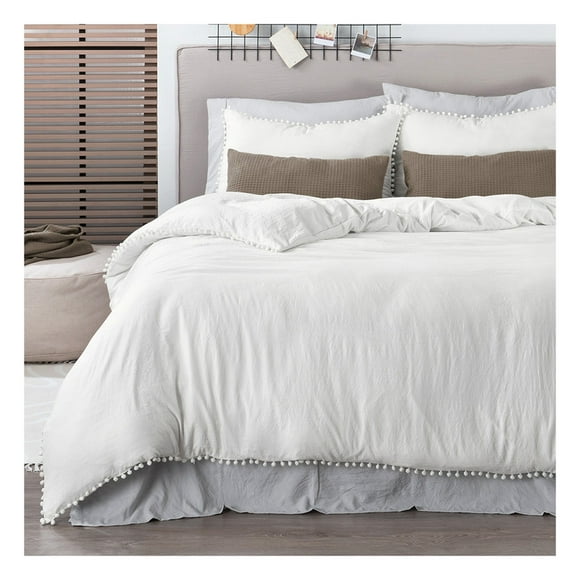 Funda de Edredón Duvet con Pompones y Fundas de Almohada Esquimal (Blanco -Blanco, Matrimonial)