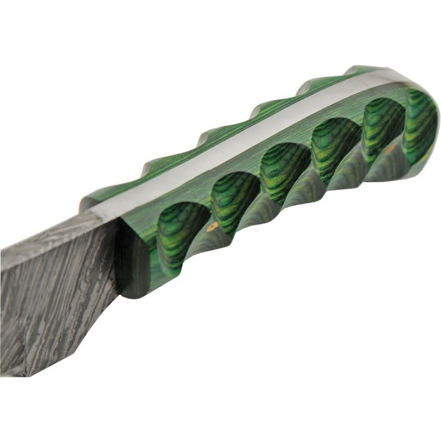 SANZ 6" Damascus Steel Outdoor Utility Knife with Green Pakkawood Handle and Leather Sheath