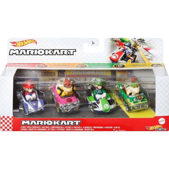 Set de vehículos de juguete Hot Wheels Mario Kart, paquete de 4 con 1 exclusivo