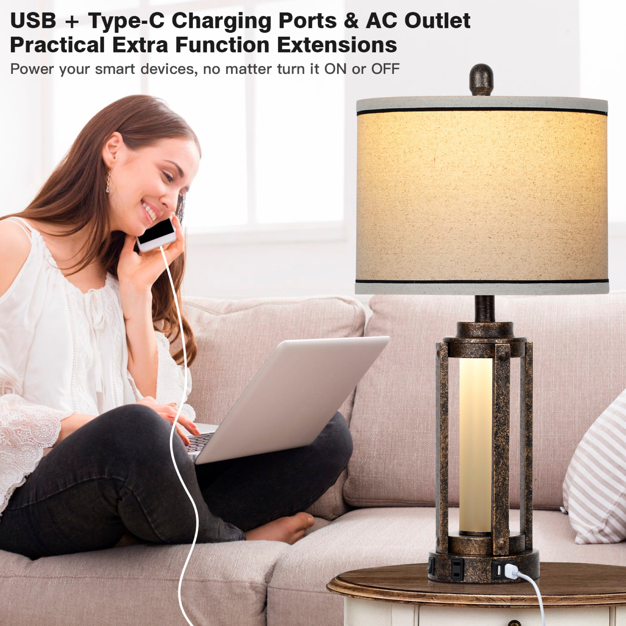 Cinkeda Modern Gold Table Lamp Set of 2 for Living Room Bedroom 25" Bedside Nightstand Lamps with USB A+C Port AC Outlet Nightlight