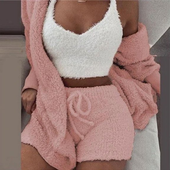 Women's Flannel Velvet Pajamas Set Sexy Crop Top Shorts Coat 3 Pieces Suit Sleepwear 2023 New Casual Soft Homewear Pyjamas S-3XL