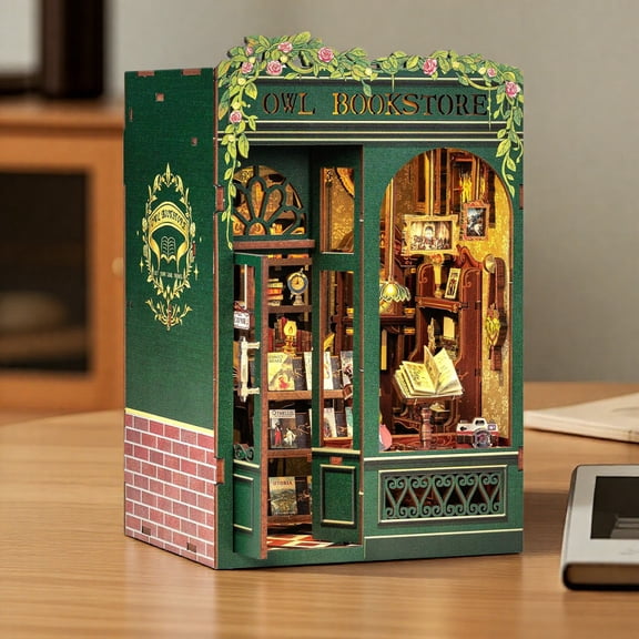Book Nook Kit, DIY Scene Miniature House Kit Tiny House Mini Booknook Craft Bookshelf Decor, 3D Puzzles for Adults, 139 Wooden Pieces, Scale Library Model, Gifts for Book Lovers（OWL Bookstore）