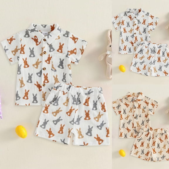 larppty Toddler Baby Boy Easter Outfit Carrot Print Button Down Short Sleeve Muslin Shirt Top Shorts Set Spring Clothes(Beige, 6-12 Months)