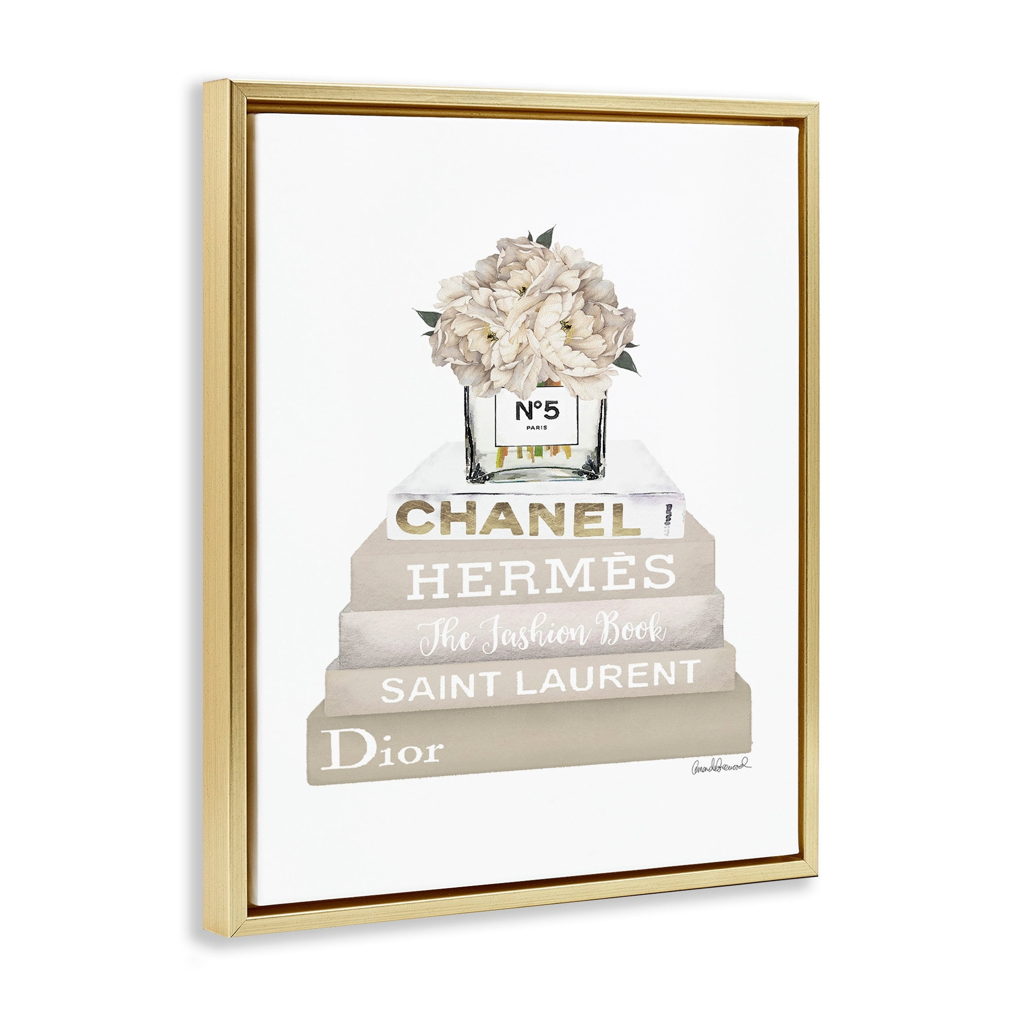 Stupell Industries High Fashion Bookstack with Tan Flowers Metallic Gold Framed Floating Canvas Wall Art, 24x30, by Amanda Greenwood