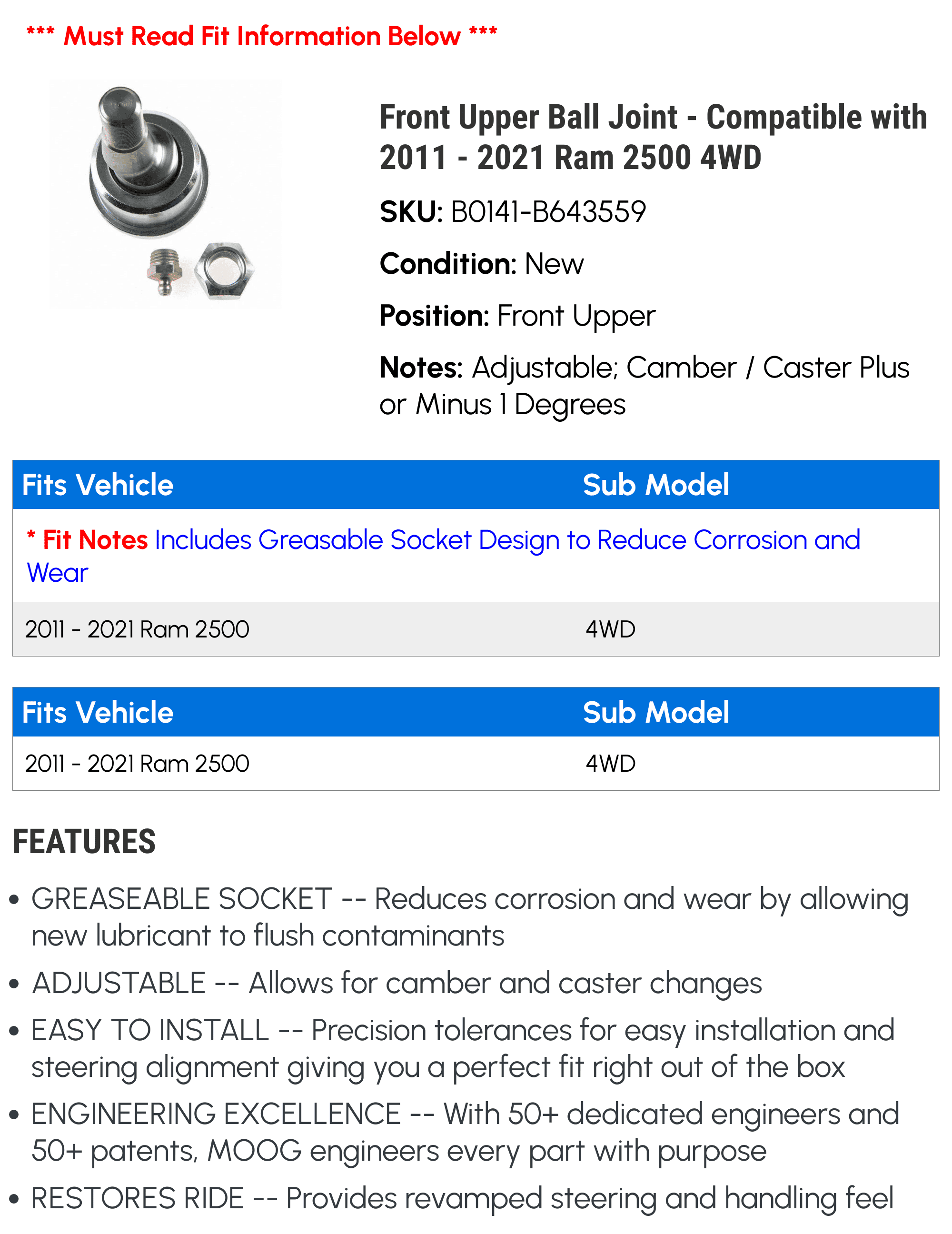 Front Upper Ball Joint - Compatible with 2011 - 2021 Ram 2500 4WD 2012 2013 2014 2015 2016 2017 2018 2019 2020 2022
